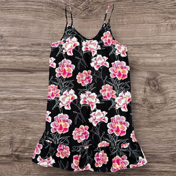 Roxy Black and Pink Floral Sundress with Ruffle Hem and Spaghetti Straps XS - Picture 1 of 12